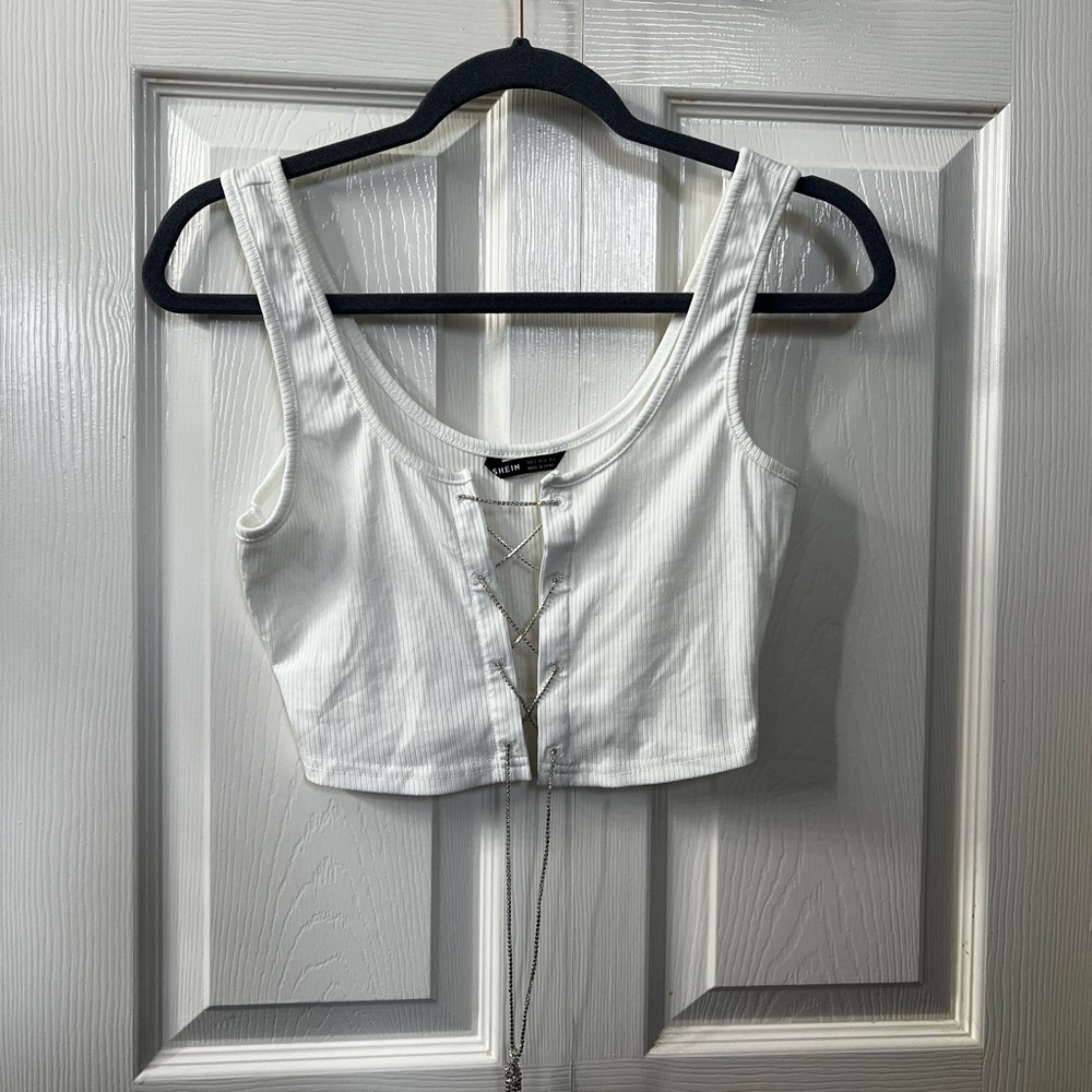 SHEIN Rhinestone Lace Up Crop Top in White. Size SMALL. Never Worn.